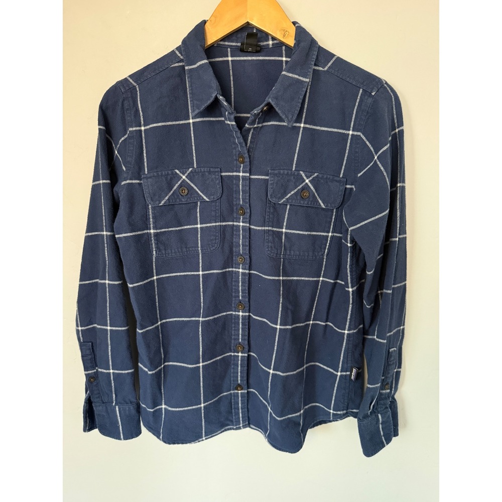 Patagonia Womens Blue Windowpane Plaid Organic Cotton Flannel Shirt Small S‎